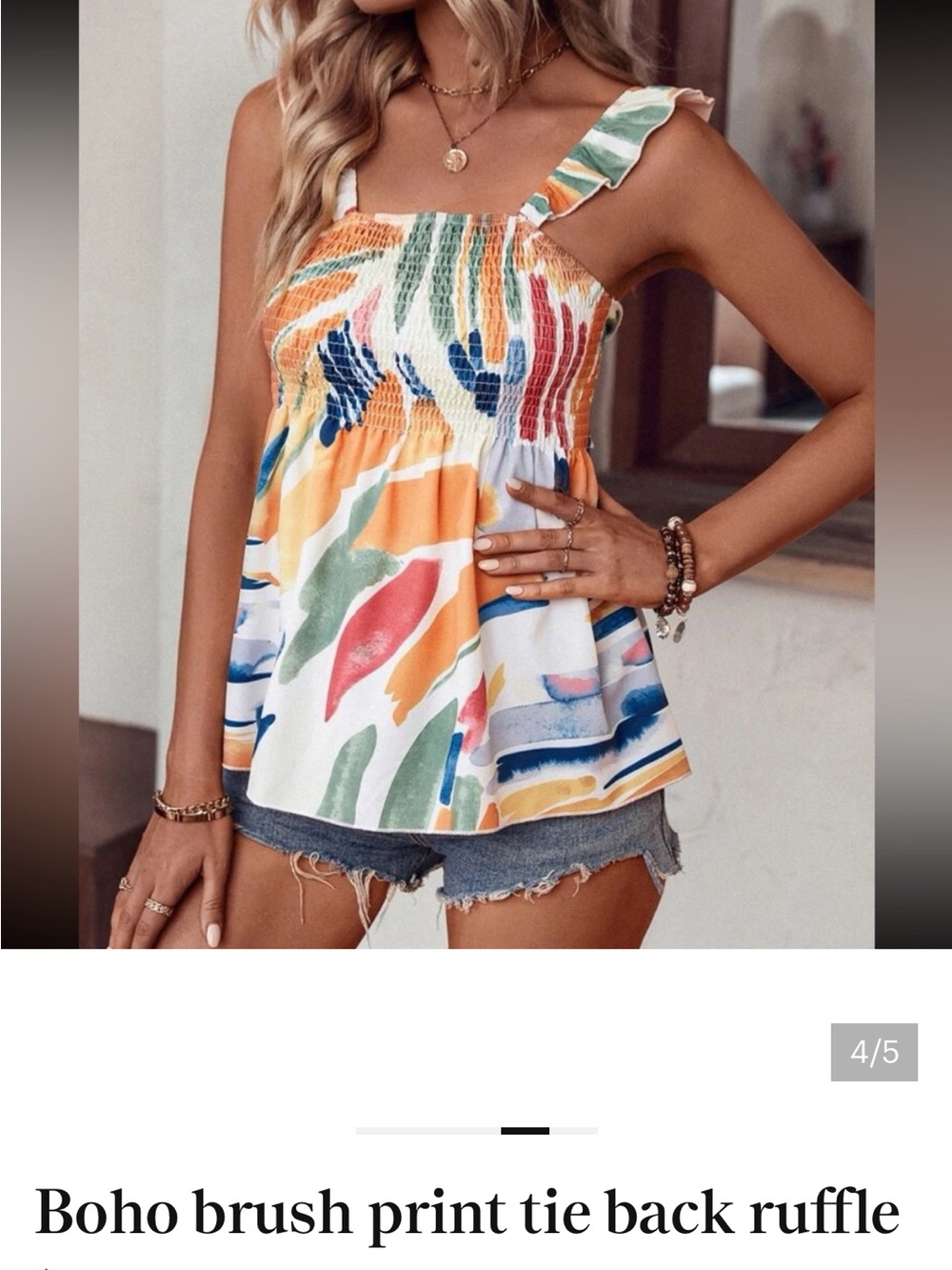 SHEIN White Multicolor Smocked Ruffle Strap Tank Top Large